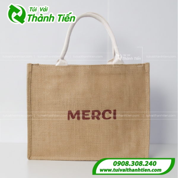 Mẫu t&uacute;i vải&nbsp;đay Merci in thiết kế theo y&ecirc;u cầu tại T&uacute;i Vải Th&agrave;nh Tiến