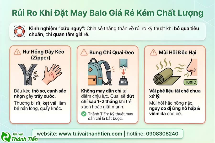 3 rủi ro lớn dễ gặp khi may balo giá rẻ tại xưởng kém chất lượng