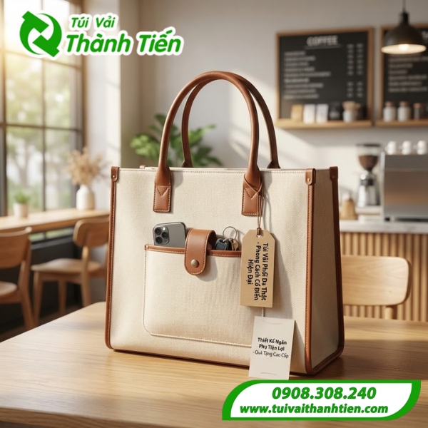 Mẫu túi vải vuông có ngăn phụ phối da sang trọng